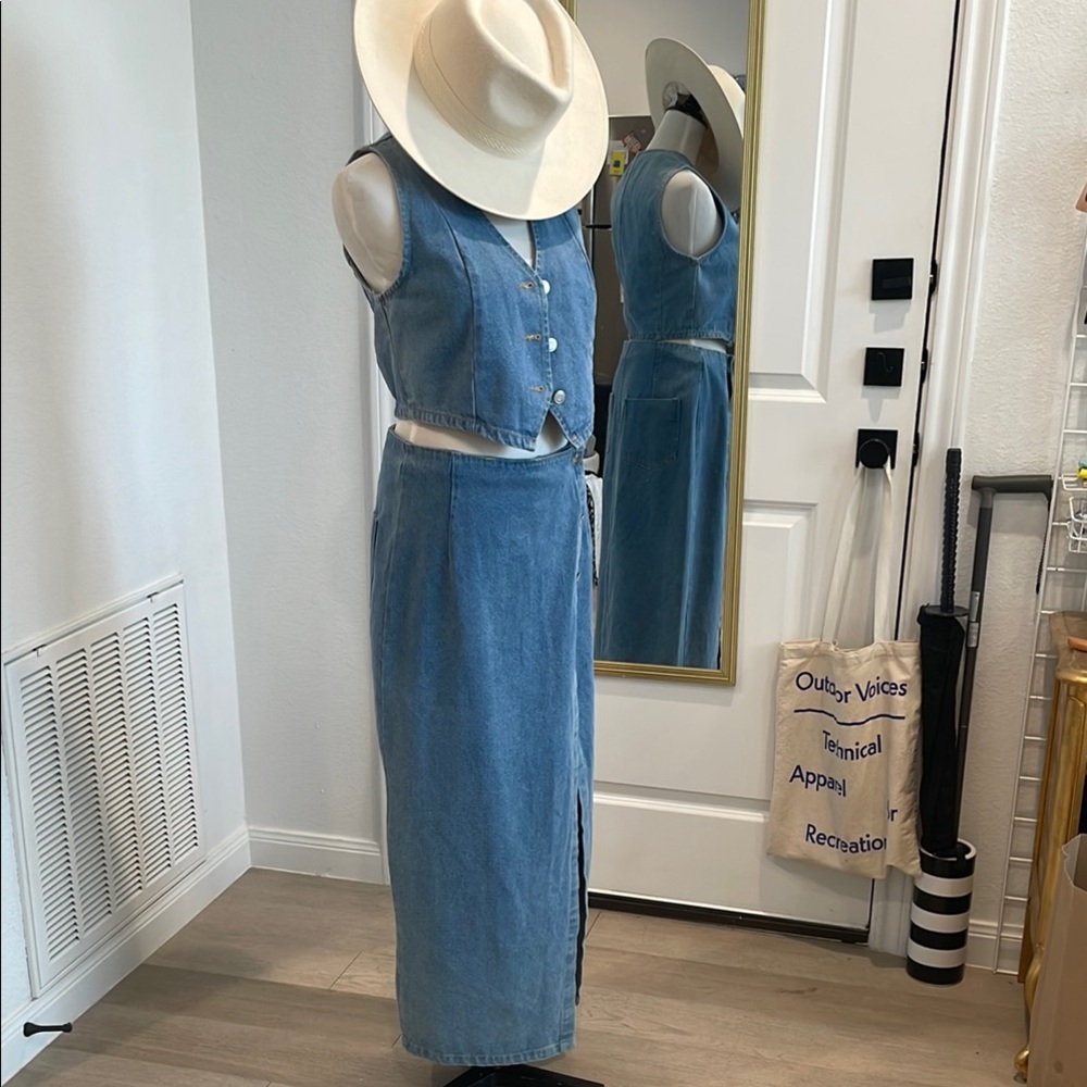 Denim Vest and High Side Slit Skirt Set